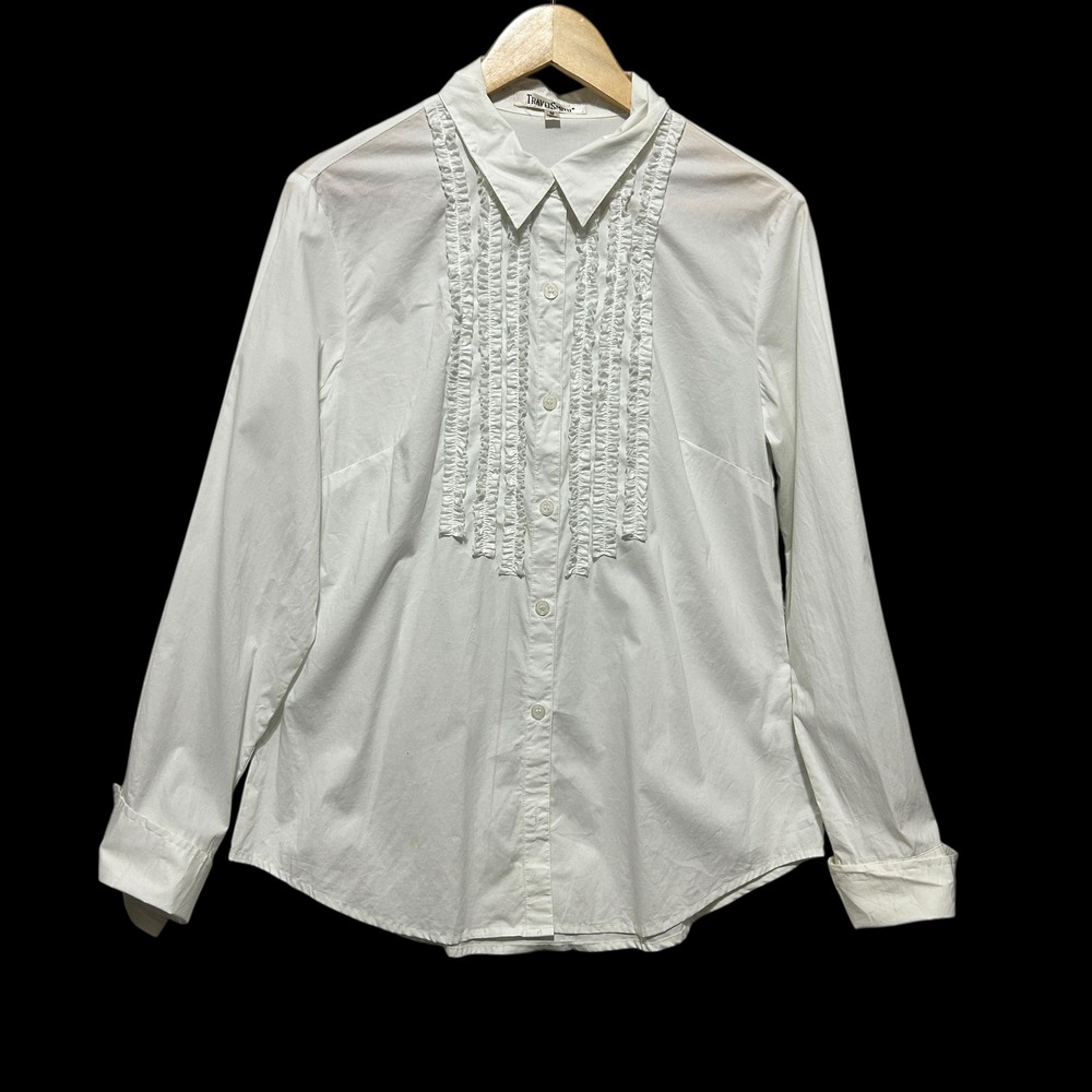 TravelSmith Women Button Blouse M White Ruffle Front Preppy Minimalist Y2k Retro